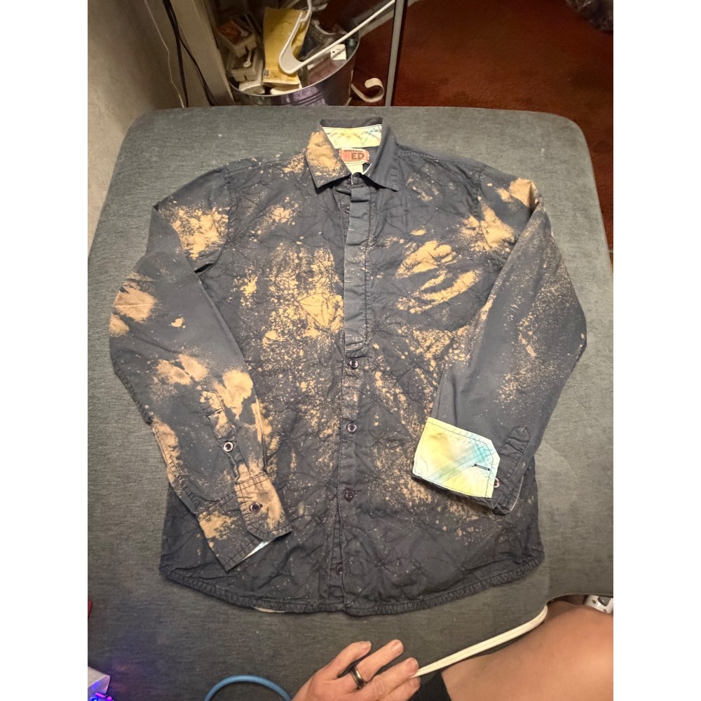 Vintage Red Mens Acid Wash‎ Bleach Splatter Embroidered Button Down Shirt Small